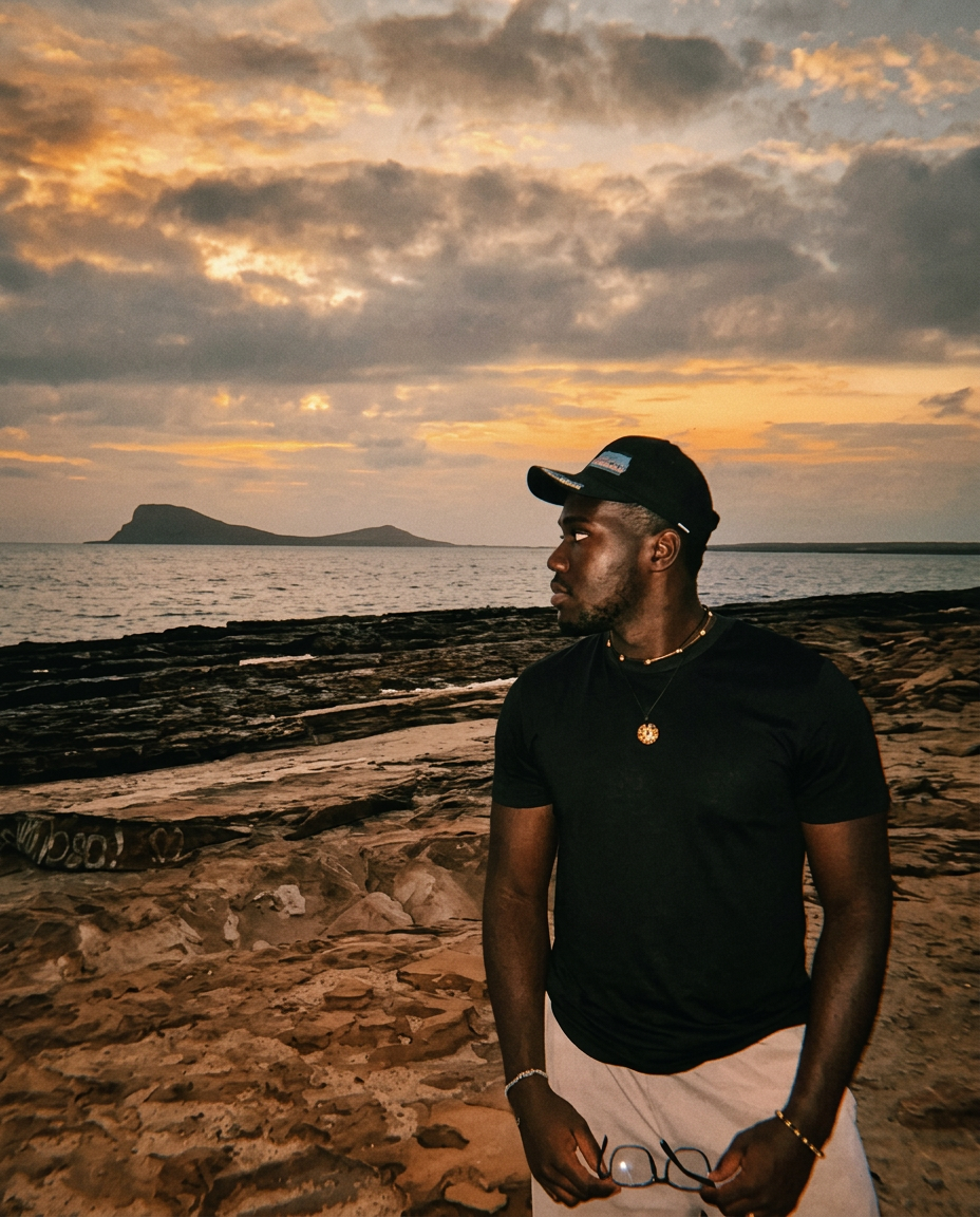 Darnell Jackson on a rocky coastline at sunset